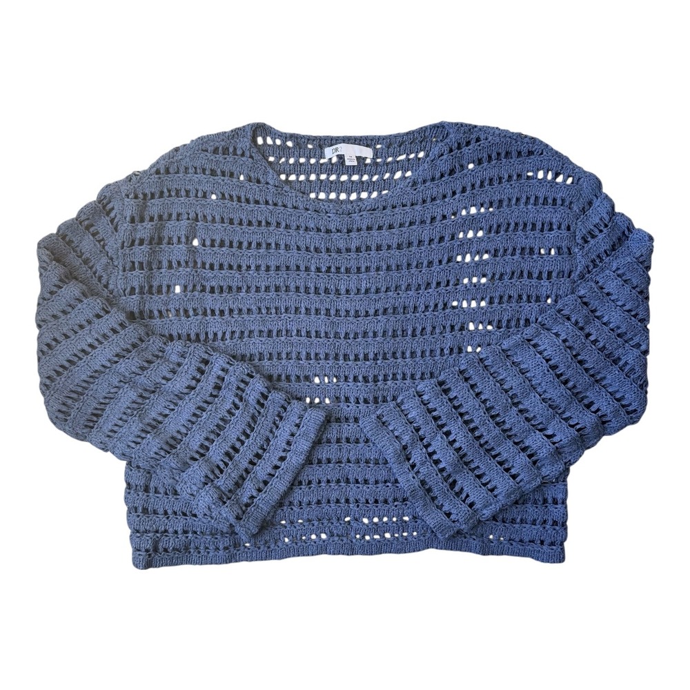 DR2 by Daniel Rainn Crochet Bell Sleeve Cropped Sweater Top‎ Blue Medium Boho